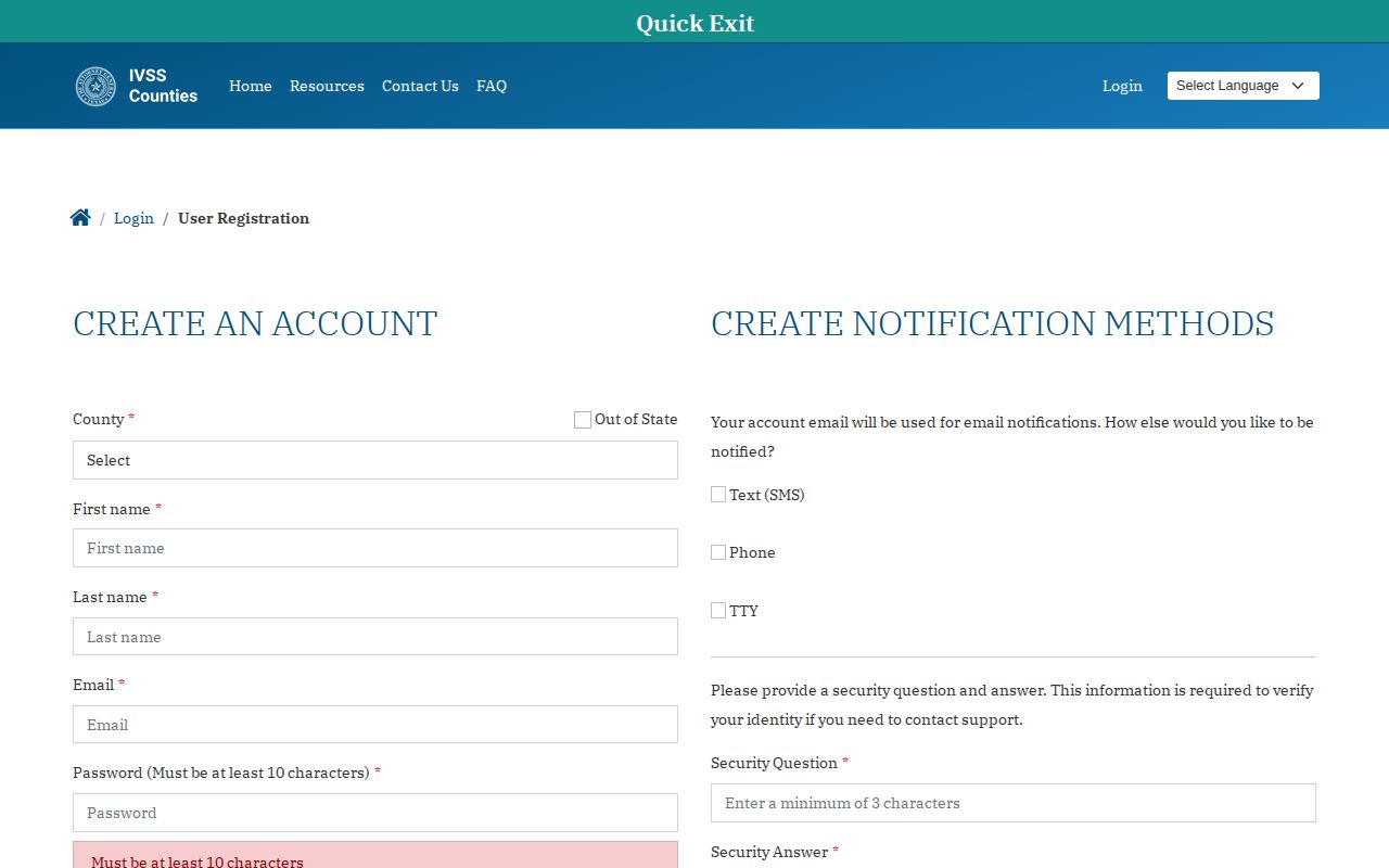 DeWitt County release notification account registration through Texas IVSS-Counties