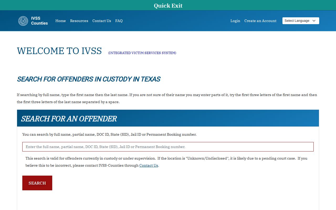 DeWitt County VINE inmate check through the current Texas IVSS-Counties search