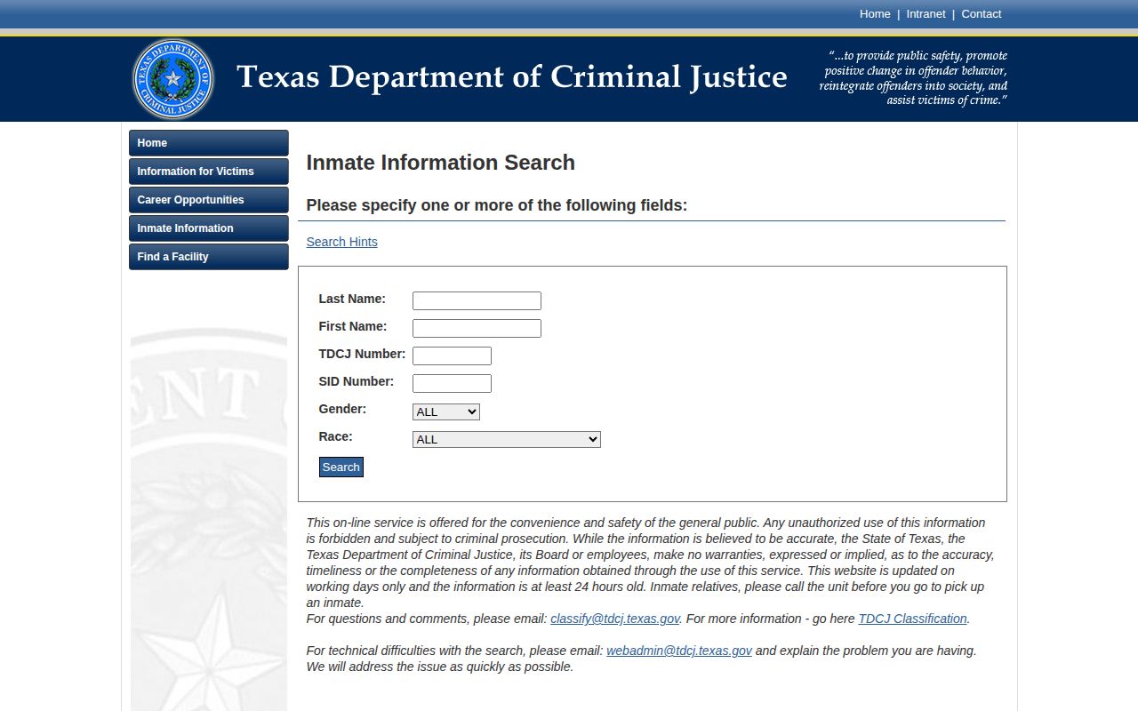 DeWitt County TDCJ current inmate search limitation