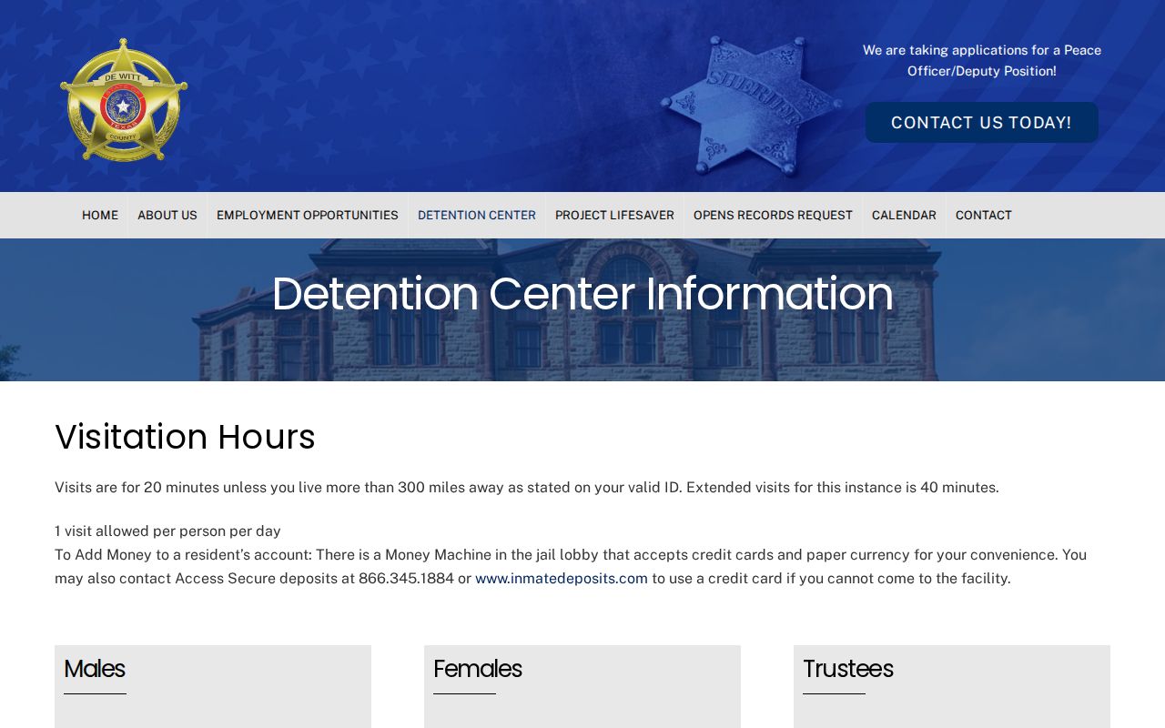 DeWitt County Sheriff's Office detention information page